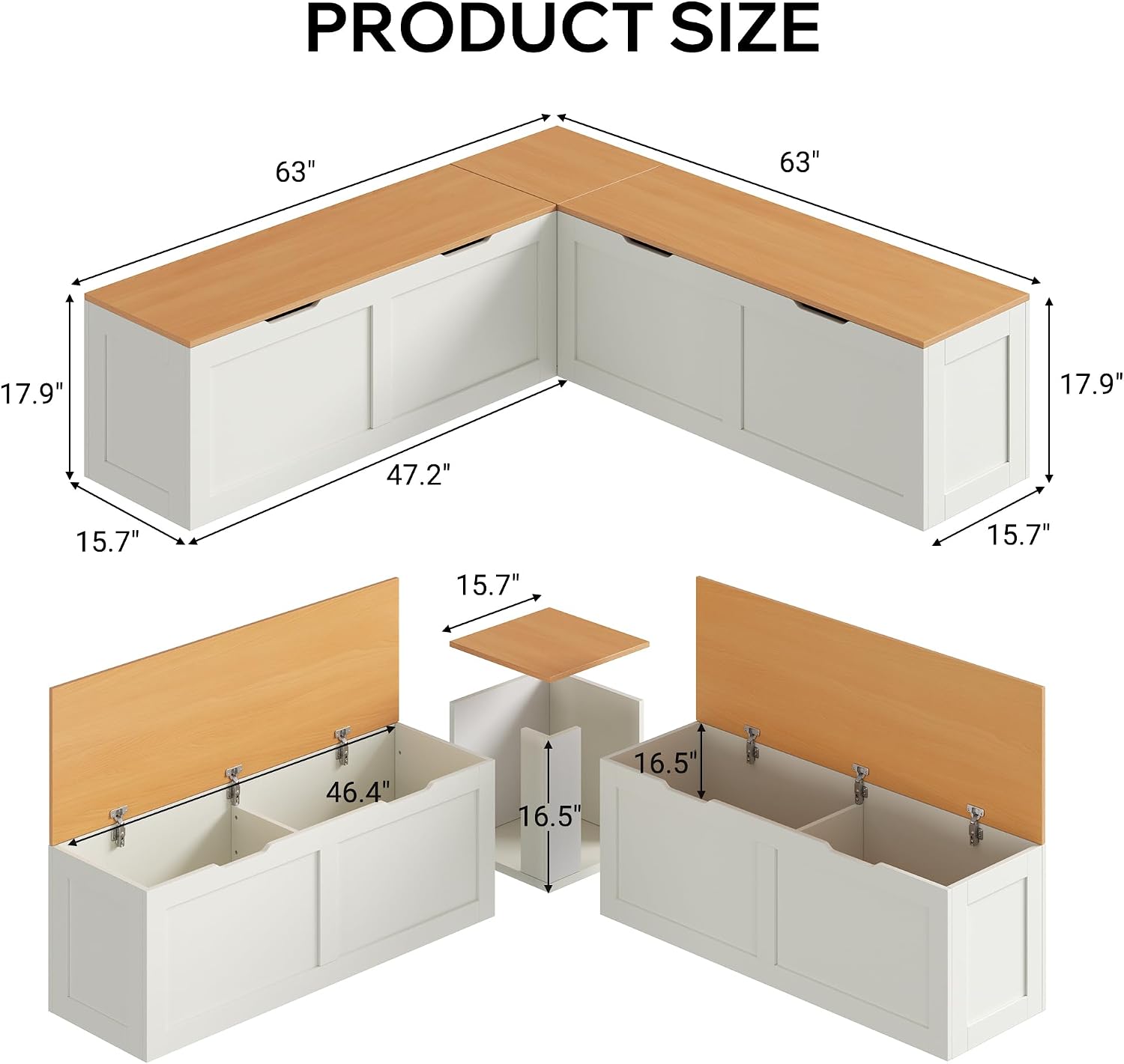 L Shaped Bench with Storage, 63" Breakfast Nook Benches, Wood Kitchen Corner Dining Bench Seating for Entryway Dining Room, Kitchen, Oak and White