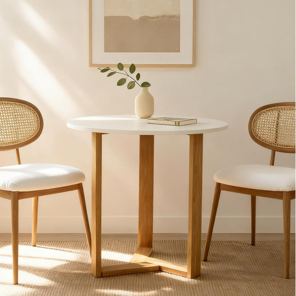 SIMTONAL 31.5" Round Dining Table, Space-Saving Small Dining Table for 2-4 People with Wood Grain Tabletop and Geometric Pedestal Base, Modern Farmhouse Table for Small Spaces, Apartment,White