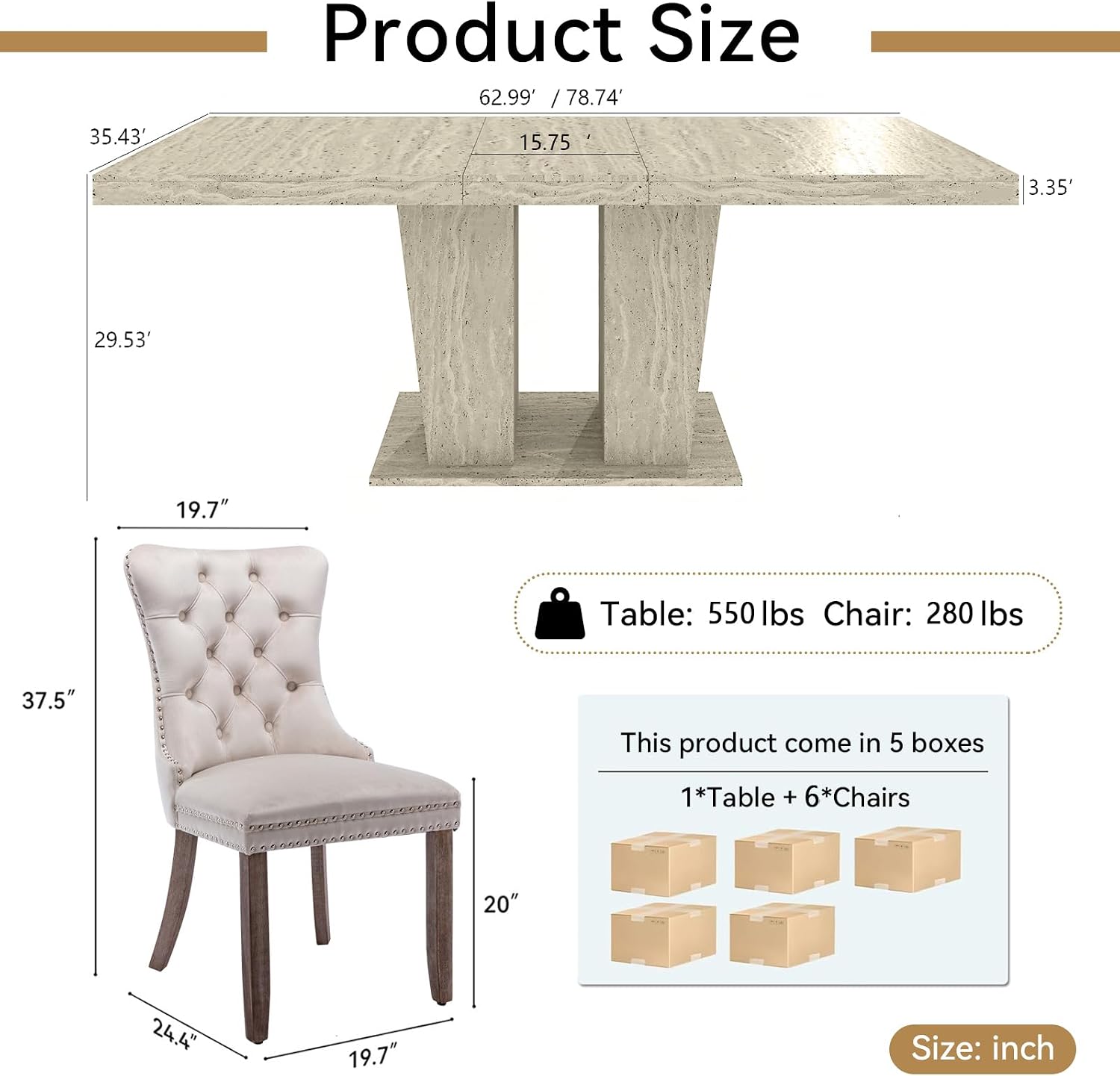 Modern Extendable Dining Table Set for 6, 78.74" Faux Travertine Expandable Table with 6 Beige Velvet Upholstered Chairs, Extendable Dining Room Table Set for 6 for Dinner Party Family Gathering