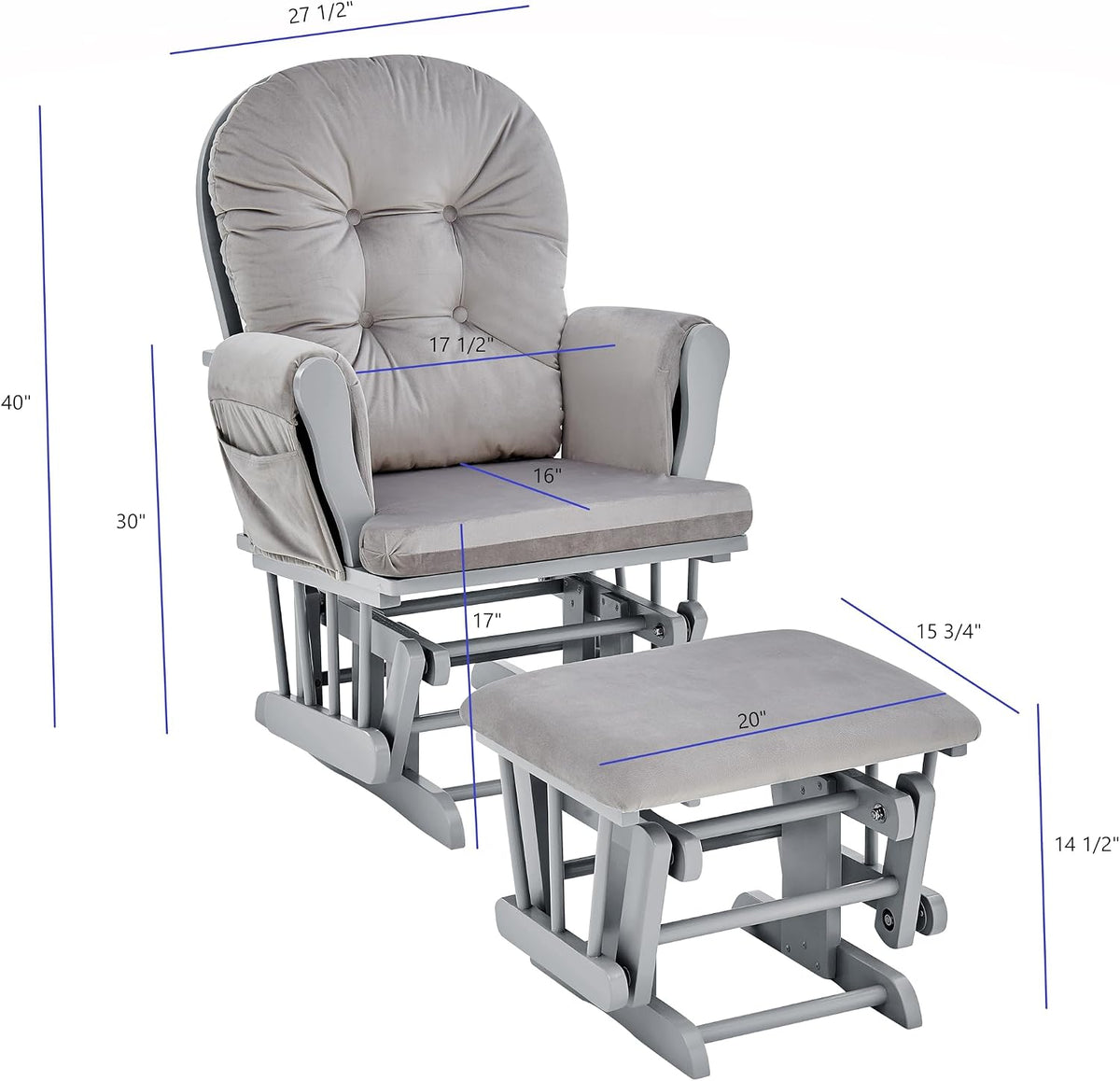 Glider and Ottoman Gray Wood and Light Gray Fabric