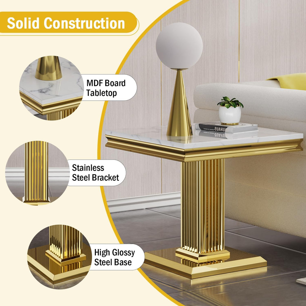 Henf 23in Square End Table Faux Marble End Table with Pillar Stainless Steel Base, Night Table White Marble top Accent Sofa Side Table for Living Room Office, Luxury White&Gold End Side Table