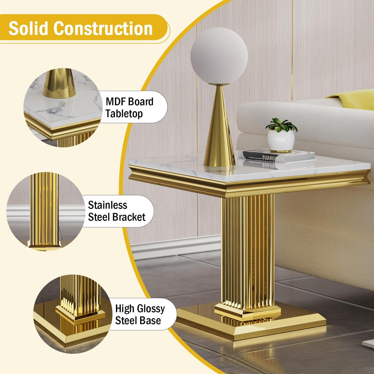 Henf 23in Square End Table Faux Marble End Table with Pillar Stainless Steel Base, Night Table White Marble top Accent Sofa Side Table for Living Room Office, Luxury White&Gold End Side Table