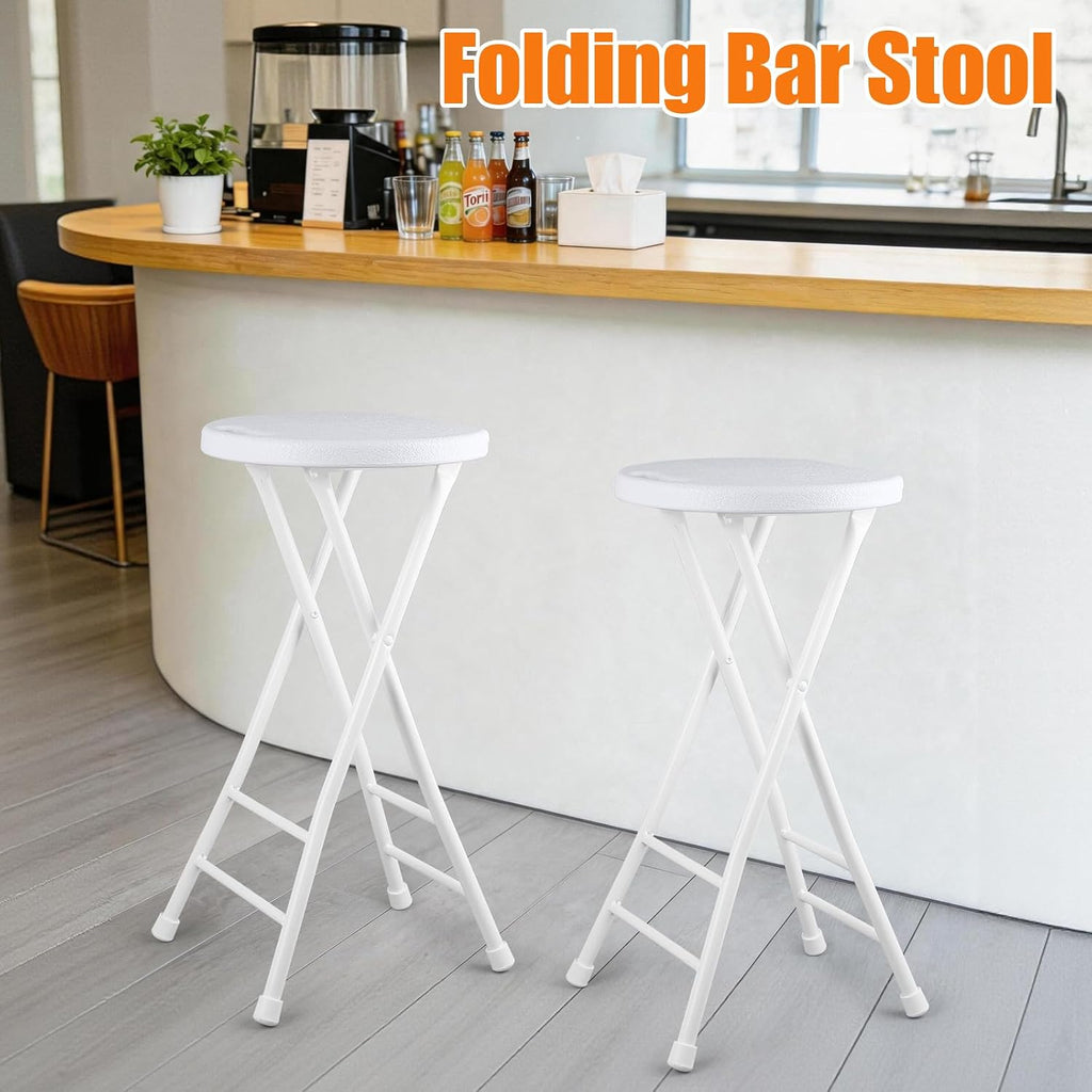 Folding Stool, White 24 Inch Foldable Bar Stool with Handle | Portable Seat, 500 lbs Capacity, Non-Slip Feet, Space-Saving for Guitar, Workbench, Kitchen Island, Outdoor, Party(1 Pack)