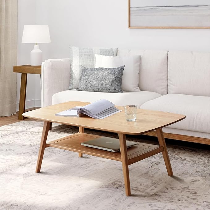 2-Tier Solid Oak Wood Coffee Table - Practical Center Table with Double Storage for Small Apartments, Living Rooms, Bedrooms, and Offices (Natural, 39.37" D x 19.69" W x 17.32" H)