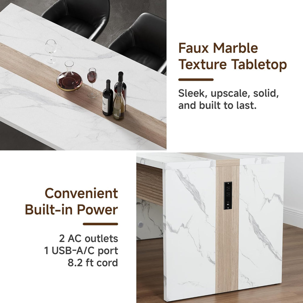63" Marble Kitchen Table for 4-6, Island Table for Kitchen with RGB Led Lights, Mordern Faux Marble Stripes Kitchen Dining Table with Charging Station for Dinner and Living Room