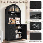 71" Tall Arched Kitchen Pantry Cabinet, Farmhouse Storage Cabinet with LED Light, Adjustable Shelves & Glass Door, Versatile Cupboard for Kitchen, Dining Room, Bathroom