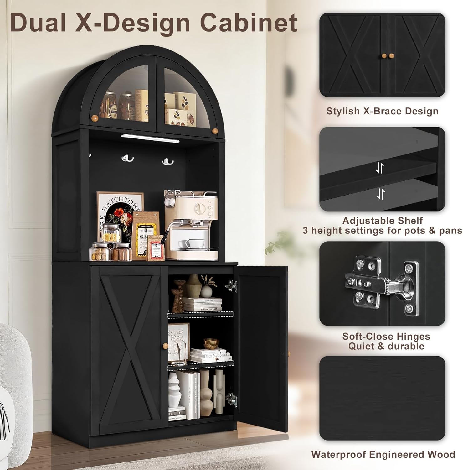 71" Tall Arched Kitchen Pantry Cabinet, Farmhouse Storage Cabinet with LED Light, Adjustable Shelves & Glass Door, Versatile Cupboard for Kitchen, Dining Room, Bathroom