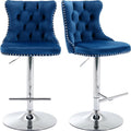 Swivel Counter Height Bar Stools Set of 2, Navy Kitchen Island Barstools, Velvet Adjustable Bar Height Stool Chairs, Tufted Back, Silver Chrome Metal Base (Blue, Velvet, 2 Pcs)