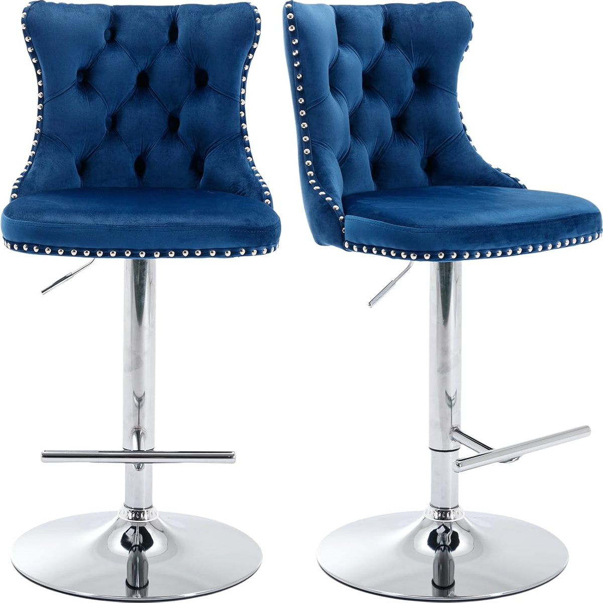 Swivel Counter Height Bar Stools Set of 2, Navy Kitchen Island Barstools, Velvet Adjustable Bar Height Stool Chairs, Tufted Back, Silver Chrome Metal Base (Blue, Velvet, 2 Pcs)