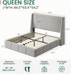 LARMACE Queen Size Bed Frame 54.2" Extra Tall Wingback Headboard, Lambswool Upholstered Platform Bed with Legs Featuring Built-in Charging Ports, Wood Slats, No Box Spring Needed,Light Grey