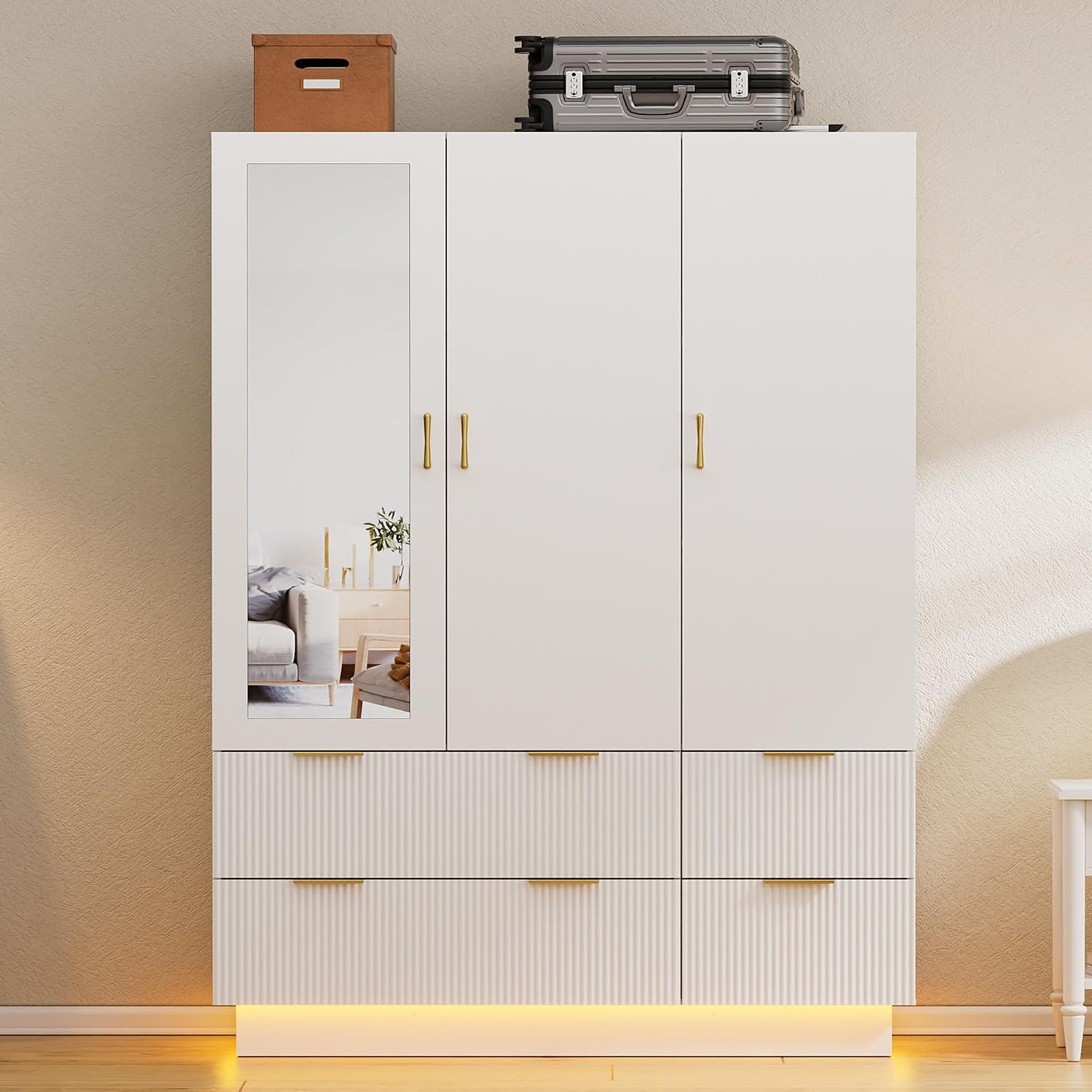 PAKASEPT Armoire Wardrobe Closet with 3 Door, Mirror, LED Lights | Hanging Rod, Drawers, Bedroom Armoires - Large Capacity Storage Wardrobe Armoire for Bedroom