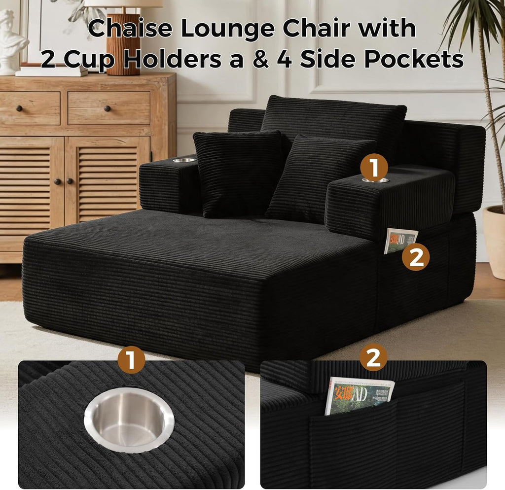 70"Chaise Lounge Chair, Oversized Chair & 2 Cup Holder 4 Pockets | Oversized Corduroy Lounge Chair Indoor Convertible, 3 Pillows, Deep Seat Sleeper Sofa Bed, Living Room, Reading, No Assembly