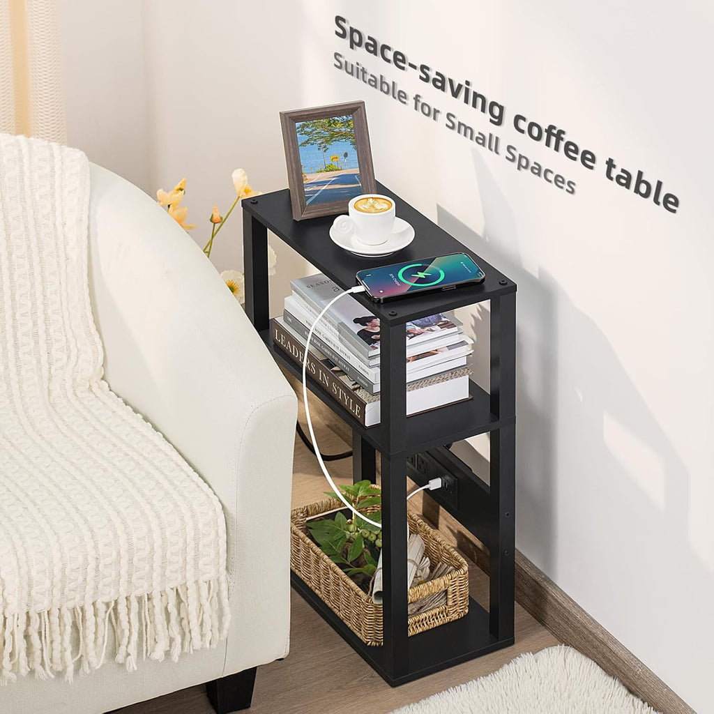 YUFAM 3-Tier Narrow Bedside Table Set 2 for Small Spaces, Skinny Nightstand | Thin Side Table with Charging Station, Slim End Table with USB & Outlets, Easy Assembly for Couch, Living Room, Bedroom,Black