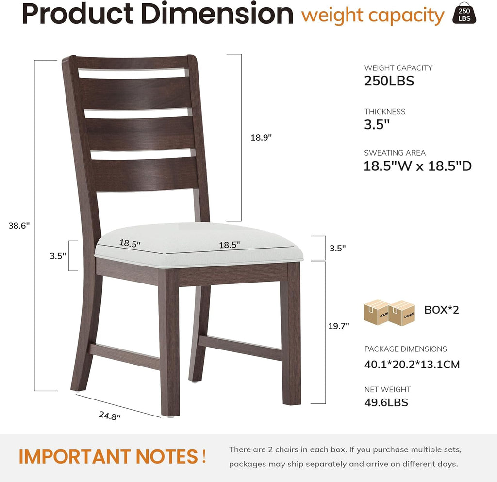 COLAMY Wooden Dining Chairs Set of 4, Farmhouse Upholstered Dining Room Chairs with 3.5" Thick Cushion, FSC Solid Wood Ladder Back Kitchen Chairs for Home and Restaurant, Easy Clean,Brown
