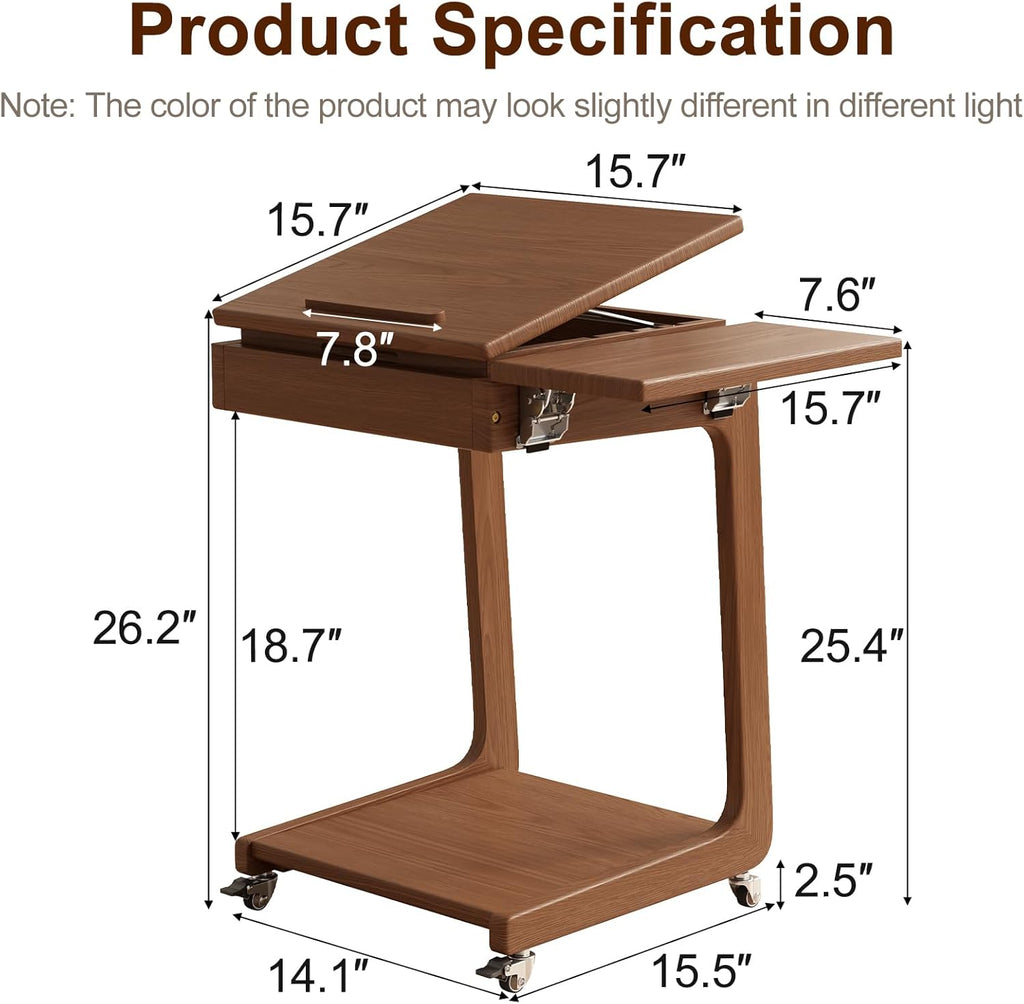 Solid Wood C Shaped End Table for Couch,Walnut C Table with Wheels,Rolling Side Table with Storage,Couch Desk with Adjustable Desktop,Rolling Tv Tray with Folding Shelf,Modern Couch Table