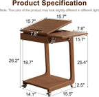 Solid Wood C Shaped End Table for Couch,Walnut C Table with Wheels,Rolling Side Table with Storage,Couch Desk with Adjustable Desktop,Rolling Tv Tray with Folding Shelf,Modern Couch Table