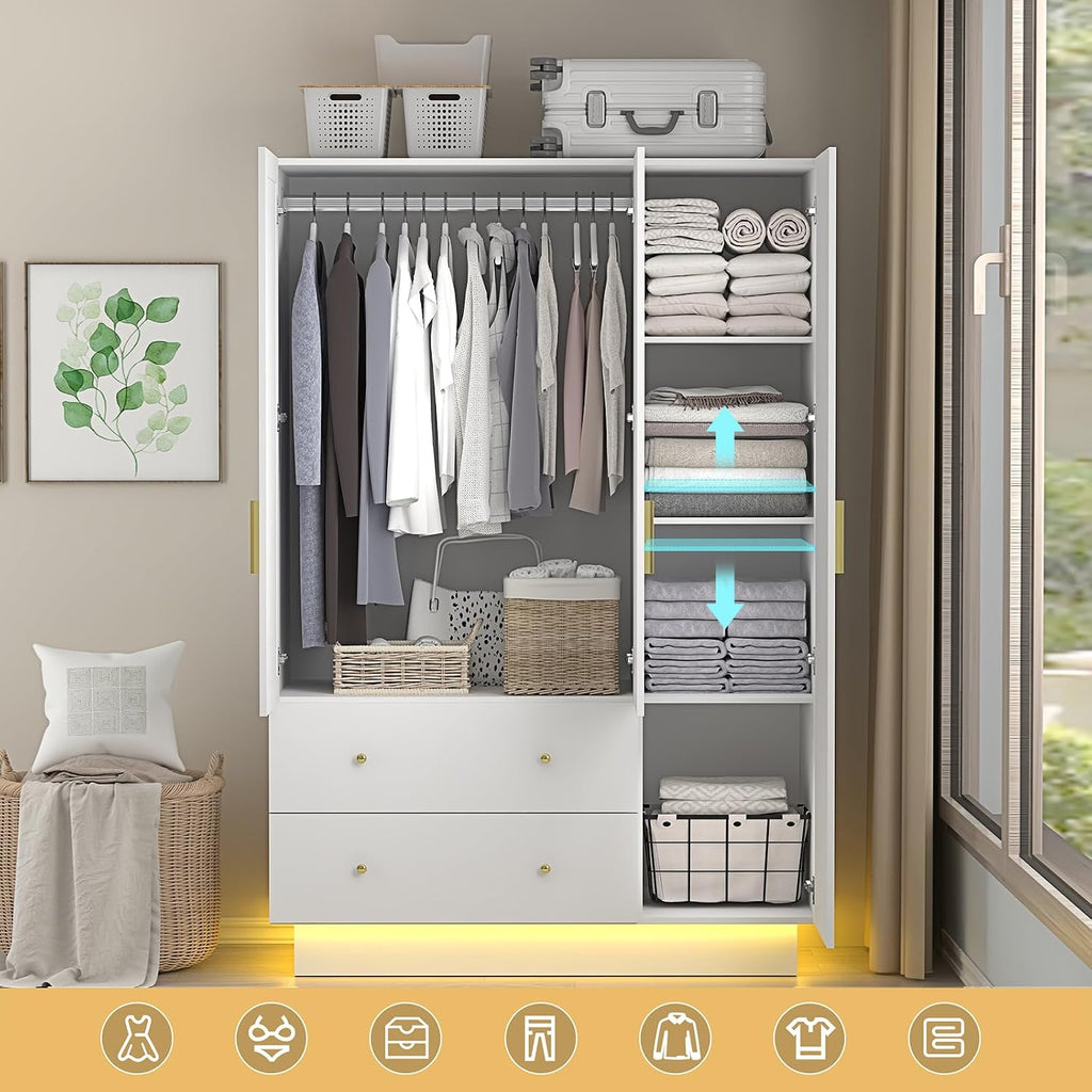 chartustriable 3 Doors Armoire Wardrobe Closet with Mirror, LED Armoire with Doors and Drawers, Wooden Wardrobe Storage Cabinet with Hanging Rod, Adjustable Shelves, White