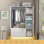 chartustriable 3 Doors Armoire Wardrobe Closet with Mirror, LED Armoire with Doors and Drawers, Wooden Wardrobe Storage Cabinet with Hanging Rod, Adjustable Shelves, White