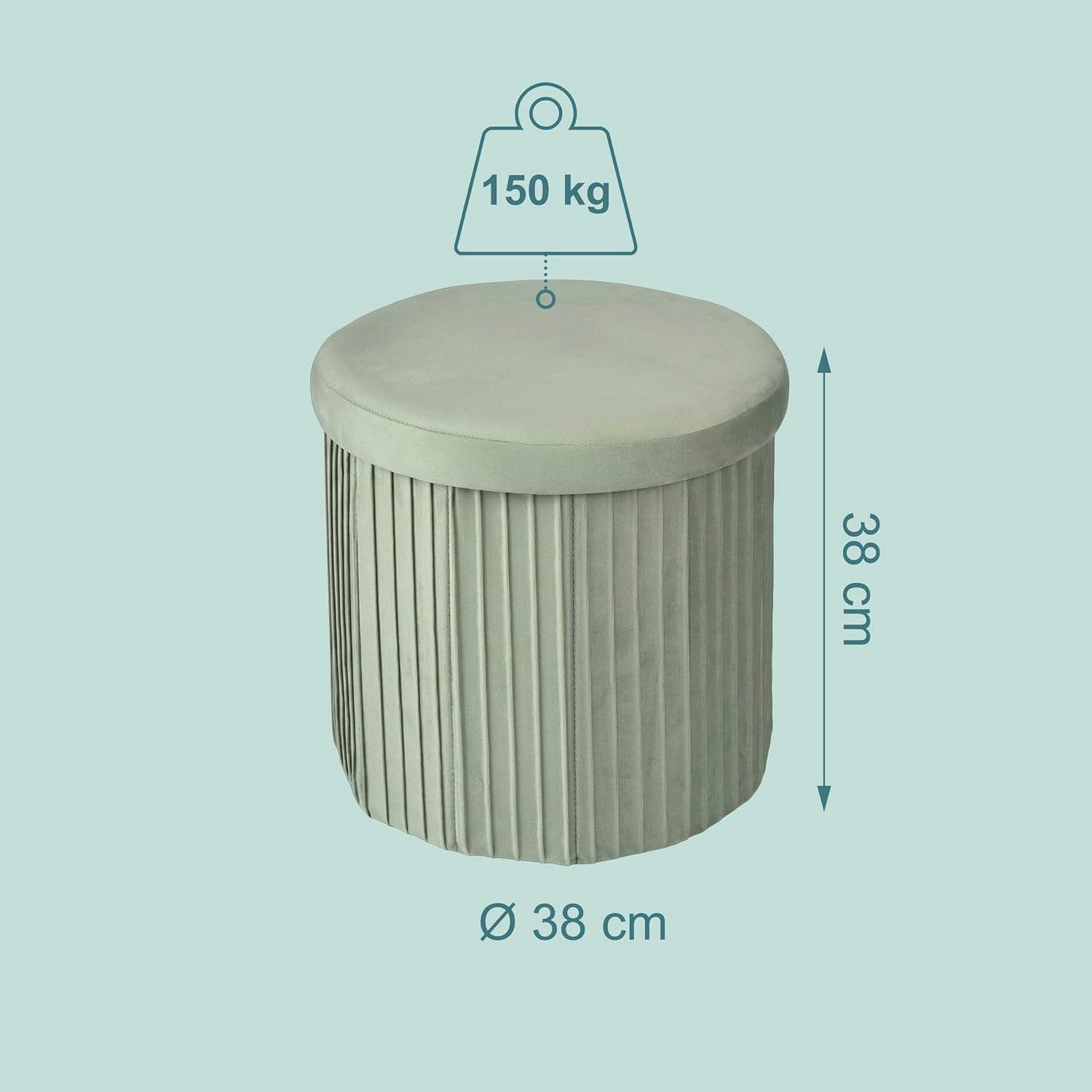 Relaxdays Velvet Stool with Storage Upholstered Foldable Height 38 x Depth 38 cm Round Side Stool Sage