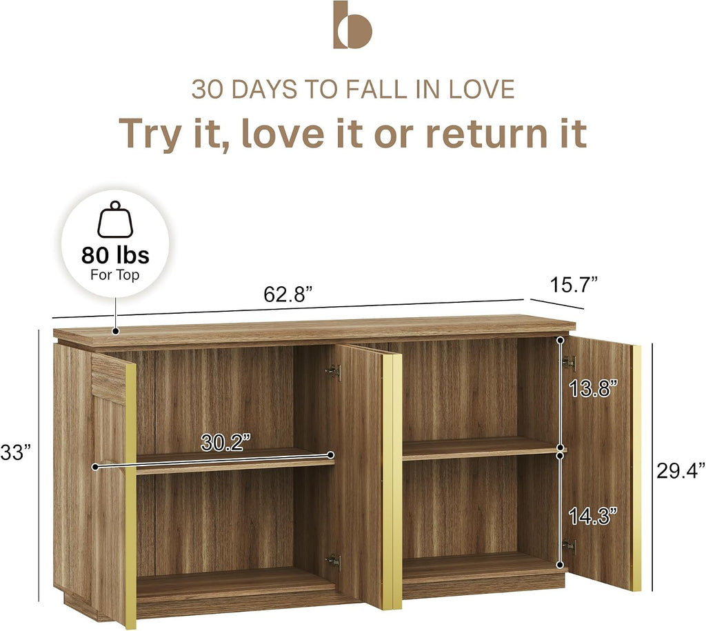 BELLEZE Sideboard Buffet Cabinet with Storage, 62 Inch Mid Century Modern Arched Wood Buffet Table, Versatile Credenza Console Table for Kitchen, Entryway, Dining Room, or Hallway