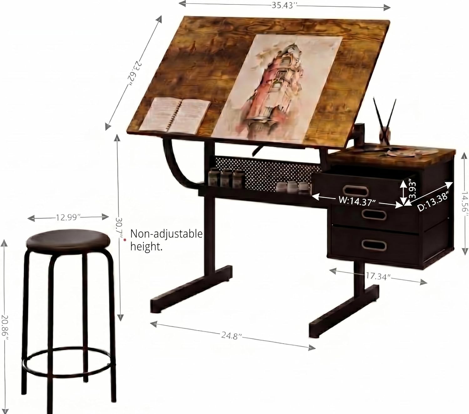 Wood Adjustable Drafting Table with Stool & 3 Drawers, Tilting Art Desk for Drawing & Crafting, Multi-Functional Study & Office Desk