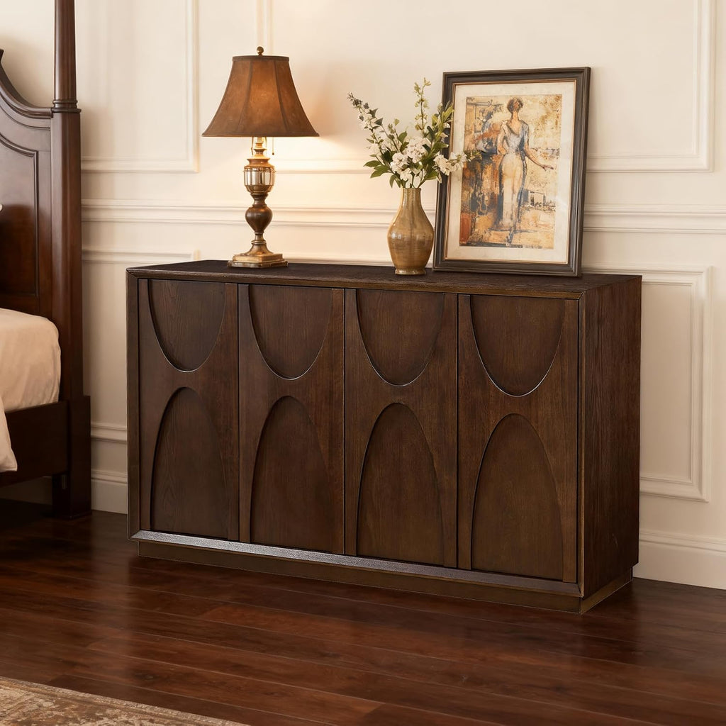59" Sideboard Buffet Cabinet with Storage, Mid-Century Modern Sculpted Door Design Buffet Sideboard Accent Credenza with Adjustable Shelves for Living Room Kitchen Hallway (Walnut)