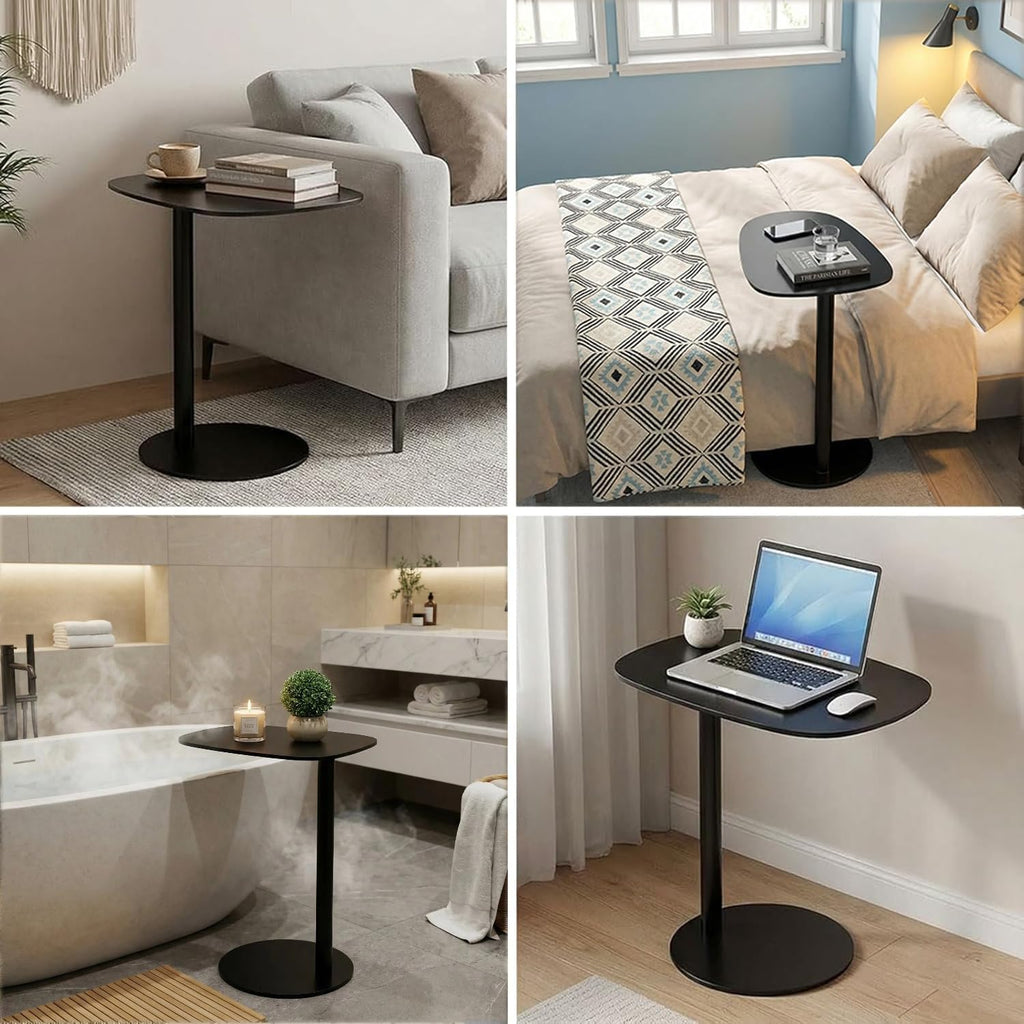 C Shaped End Table for Couch - Modern Metal Sofa Side Table with Round Base, Slide Under Accent Table for Small Spaces, Living Room Bedroom Office, Black, 24.8 Inch