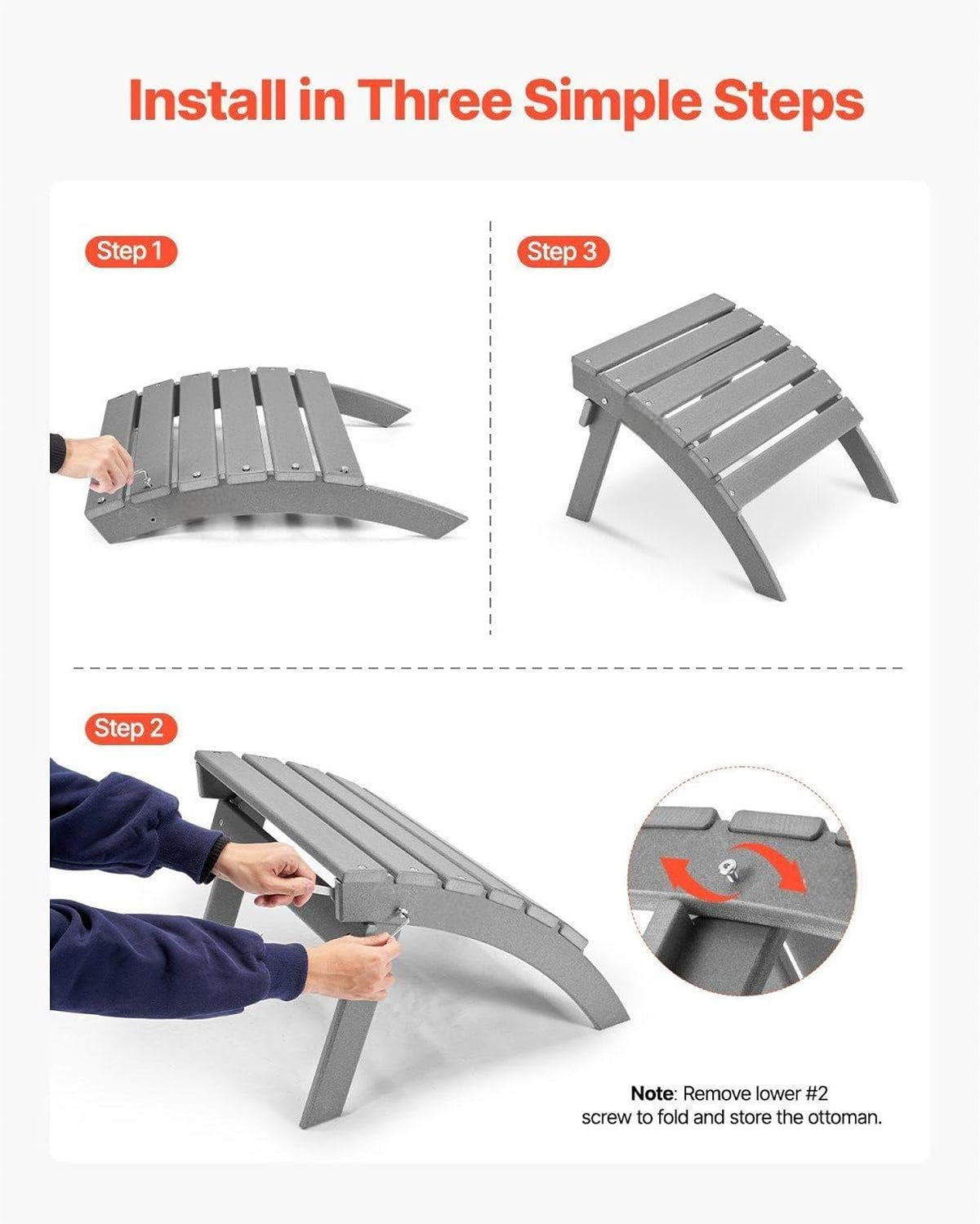 Adirondack Ottoman 21.5L x 18.9W x 14.8H Inch HDPE Folding Patio Footrest Gray