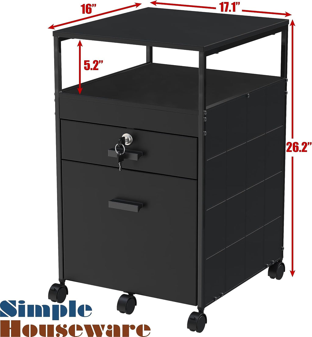 SHW Box File Rolling Mobile Cabinet with Lockable Drawer, Black | Open Shelf for easy access