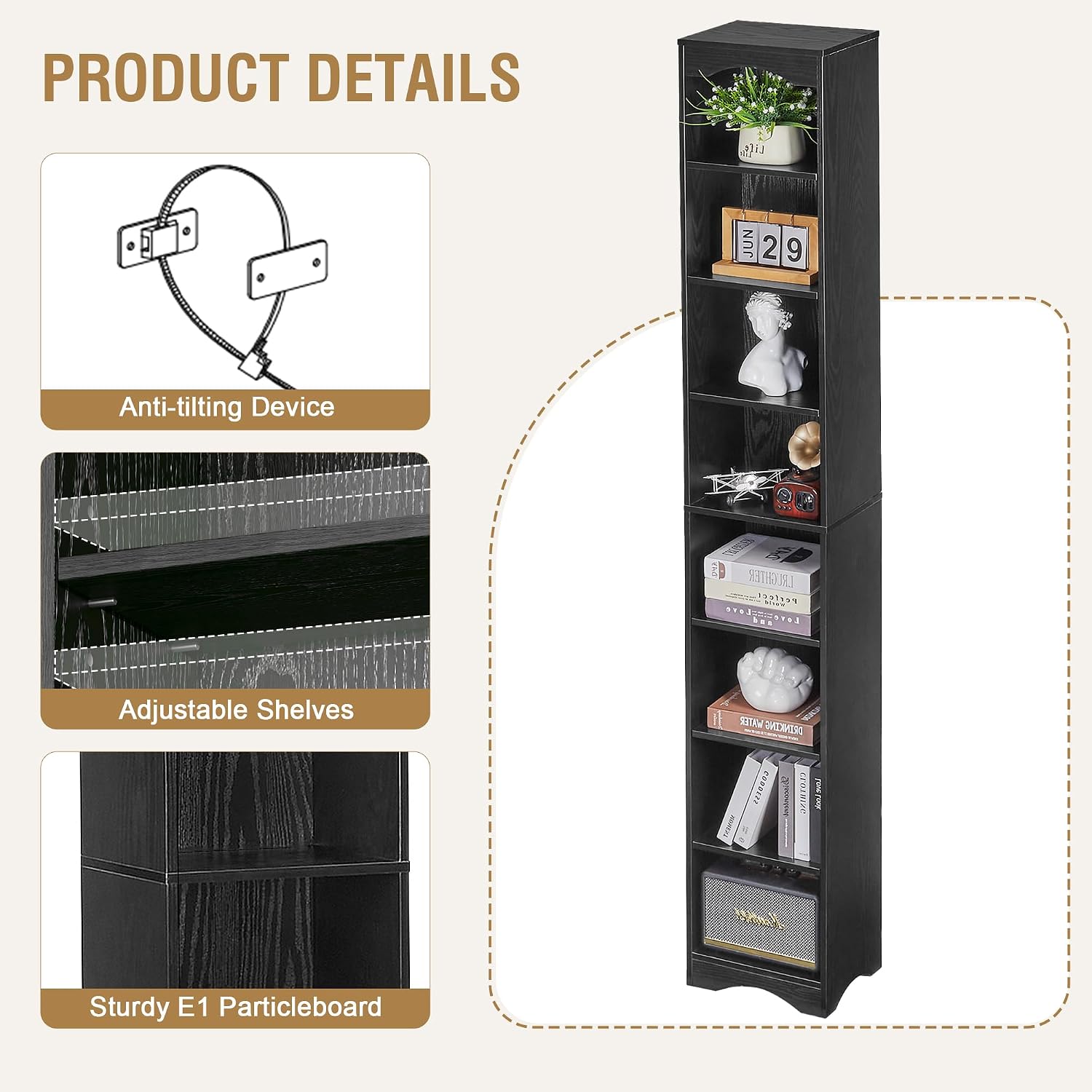 VECELO Curved Top Narrow Tall Bookshelf, 6 Adjustable Movable Shelves, Wood Space Saving Corner Storage Organizer, Sleek Black