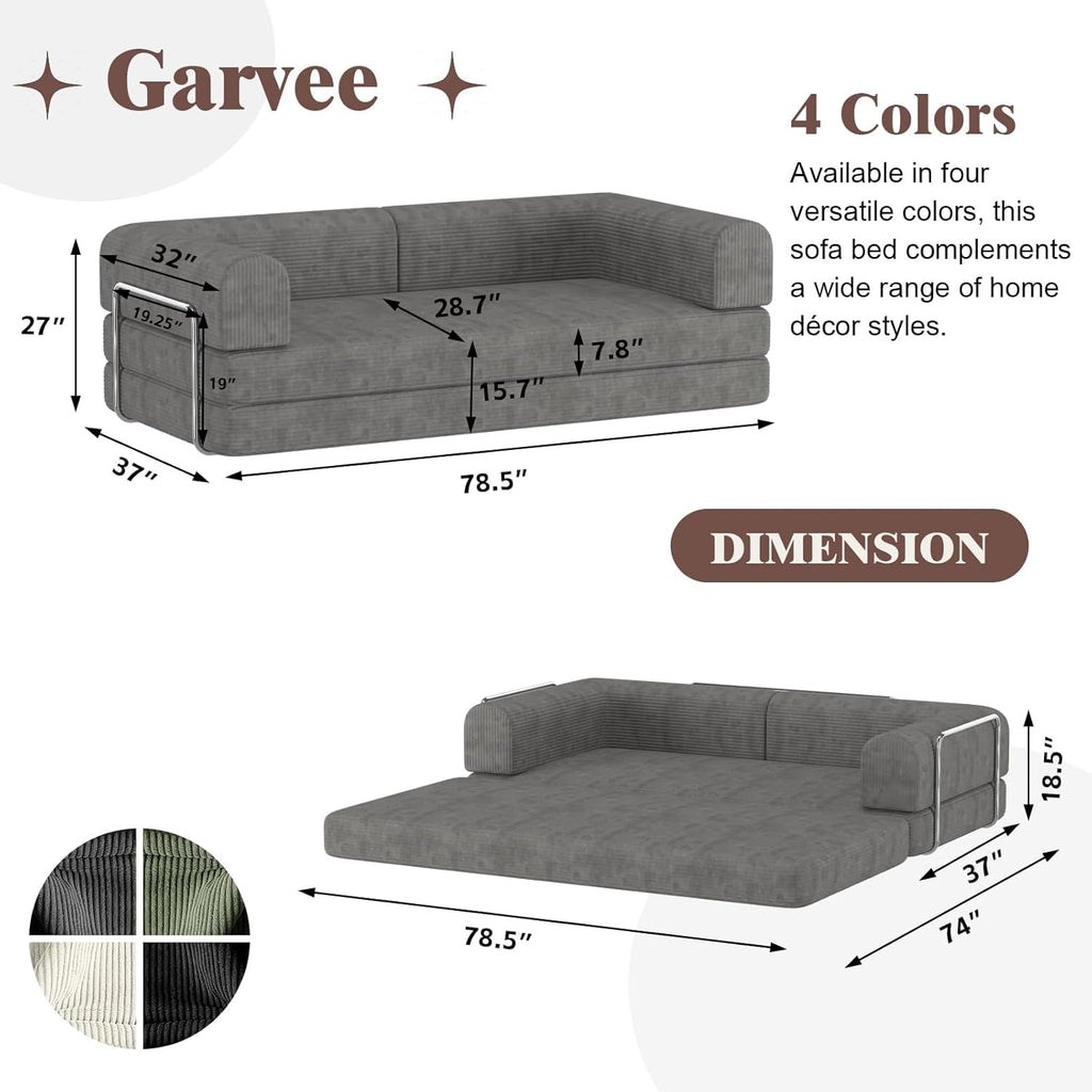 79" 5-in-1 Convertible Sleeper Sofa Bed, No Assembly Corduroy Modular Futon Couch with Fixed Metal Armrests, Compressed in a Box, Pet-Friendly Sofa for Living Room Apartment, Dark Grey