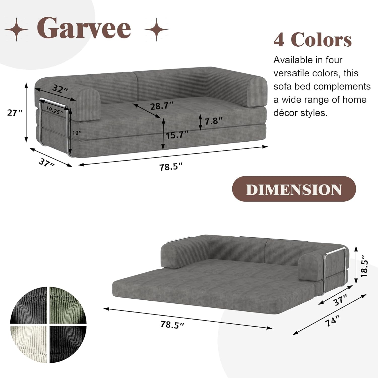 79" 5-in-1 Convertible Sleeper Sofa Bed, No Assembly Corduroy Modular Futon Couch with Fixed Metal Armrests, Compressed in a Box, Pet-Friendly Sofa for Living Room Apartment, Dark Grey