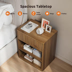 Nightstand Bedside Table Storage Drawer - Large Mid Century Modern Night Stand with Fluted Wood Storage Drawer and Open Shelf Bed Side Table for Bedroom Study Room, Walnut Brown, Set of 1