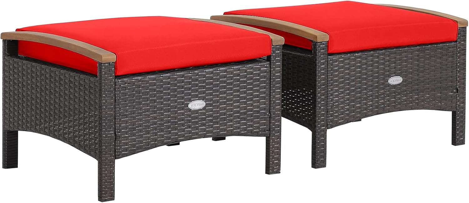 Tangkula 2 Piece Patio Rattan Ottomans, Outdoor Wicker Footstool w/Acacia Wood Handles, Soft Zippered Cushions, 3-in-1 Function Footstool Seat & Side Table for Backyard, Balcony, Poolside (Red)