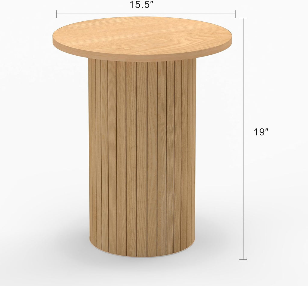 Small Round Side Table, Fluted Drum Pedestal End Table, Wood Plant Stand for Small Spaces, Modern Home, Bedroom, and Living Room Desk Furniture, Nature