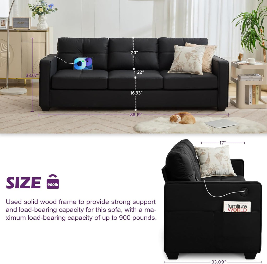 TYBOATLE 88" W Faux Leather Couches w/USB, Tufted Mid-Century Modern Comfy Black Leather Couch w/Side Pockets and Wider Arms for Living Room, 3 Seater Leathe Sofa for Office, Apartment, Bedroom