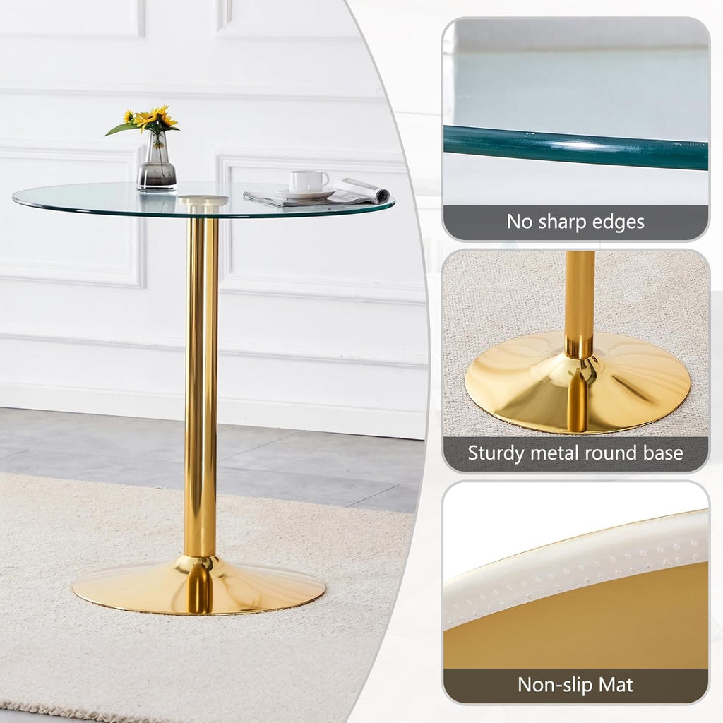 Glass Dining Table Set for 2, Round Bistro Set with Metal Frame, Compact 3-Piece Table and Chairs Set for Small Spaces, Kitchen, Balcony, Living Room, Breakfast Nook (Gold & Black)
