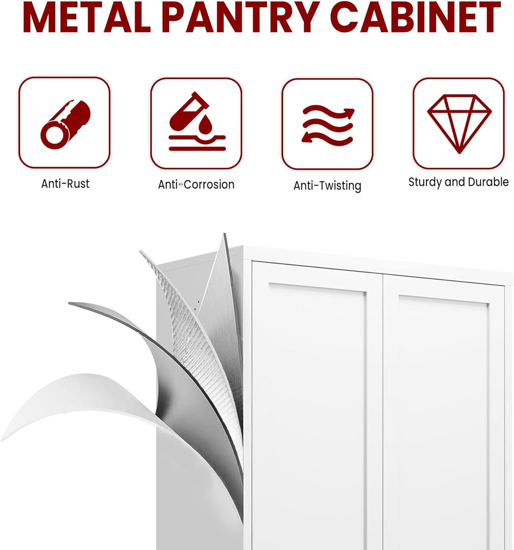 AQY Metal Pantry Cabinet with Doors & Shelves, 61” Tall White Kitchen Storage Cabinet, Freestanding Pantry Organizer for Kitchen, Living Room, Garage, Adjustable Shelves, Heavy-Duty Steel Storage Cabi