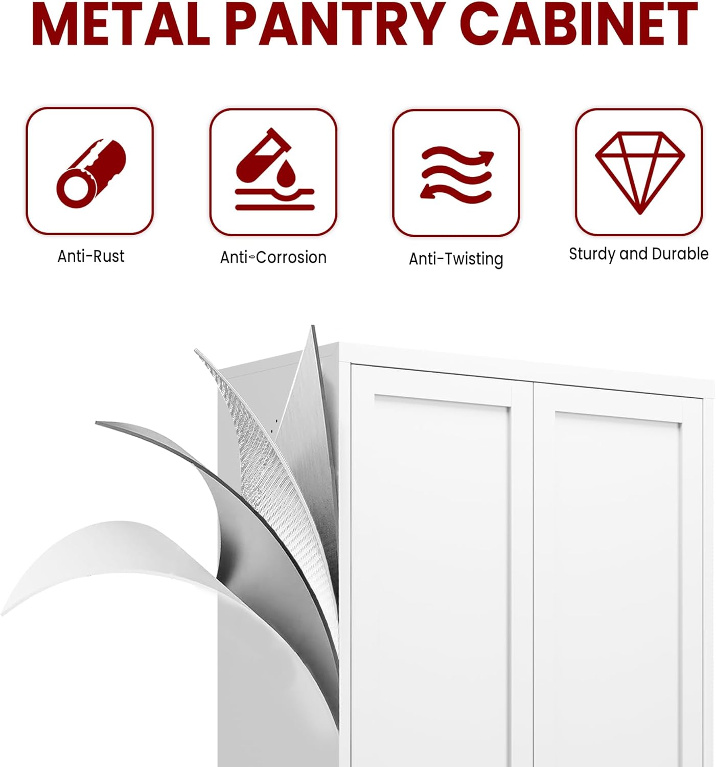 AQY Metal Pantry Cabinet with Doors & Shelves, 61” Tall White Kitchen Storage Cabinet, Freestanding Pantry Organizer for Kitchen, Living Room, Garage, Adjustable Shelves, Heavy-Duty Steel Storage Cabi