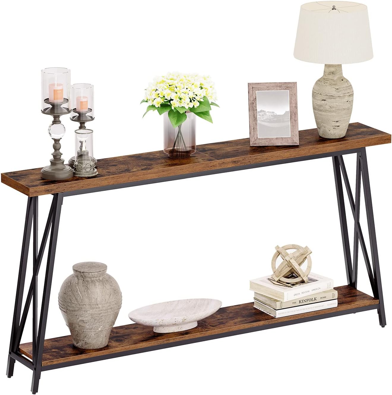 MAHANCRIS Console Table for Entryway, 63" Industrial Entryway Table, 2-Tier Extra Long Sofa Table Behind Couch, X-Shaped Support, for Entryway, Hallway, Living Room, Rustic Brown CTHR4801Z