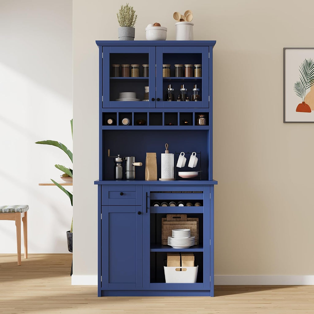Freestanding Kitchen Pantry with Drawer, Adjustable Shelves & Wine, Blue | Rustic blue finish, solid wood legs, adjustable shelves, wine rack holds 12 bottles, 35.4"W x 17.7"D x 74.8"H, for dining