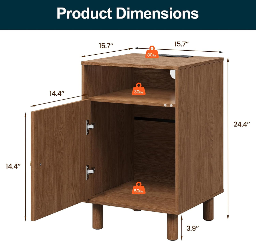 RoyalCraft Walnut Nightstand Set of 2, Night Stand with Charging Station | Mid-Century Modern End Table for Living Room, Side Table with Solid Wood Legs, Bedside Table for Bedroom, Entryway