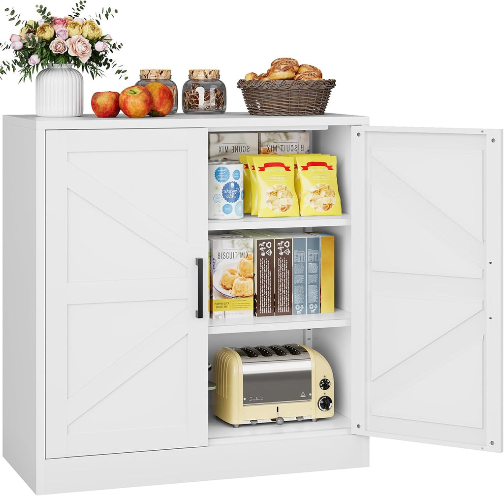 White Storage Cabinet with Doors and Adjustable Shelves,36" Farmhouse Food Pantry Cabinets,Small Sideboard Cabinet,Short Metal Storage Cabinets for Home Kitchen,Dining/Living/Laundry/Room