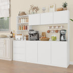 Bobve Large Kitchen Hutch Cabinet with Microwave Stand, Storage Cupboard Pantry with 3-Tier External Shelves and 3 Drawers, Ktichen Food Pantry with Open Countertop for Dining Room, White