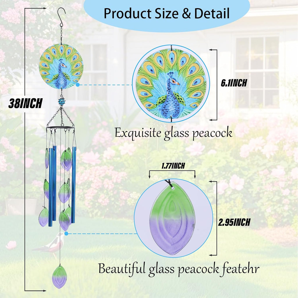 MUMTOP Wind Chimes for Outside-Glass Peacock Wind Chime - Deep Tone Windchimes Outdoors Unique for Patio,Garden,Yard,Home,Tree Decor