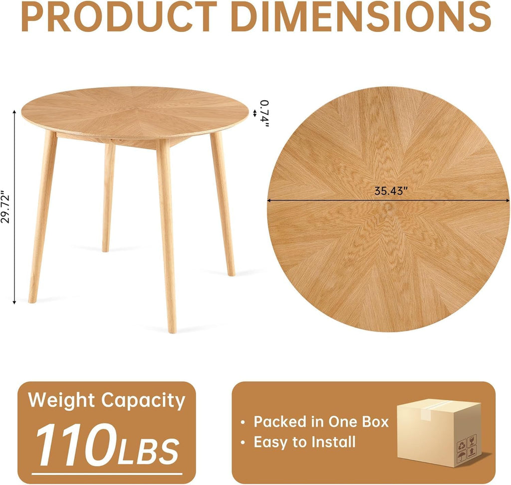 Round Dining Table for 2-4, Mid Century Modern 35 Inch Round Kitchen Table, Space Saving Small Dining Table with Oak Wood Veneer Tabletop and Solid Wood Legs for Dining Room, Living Room