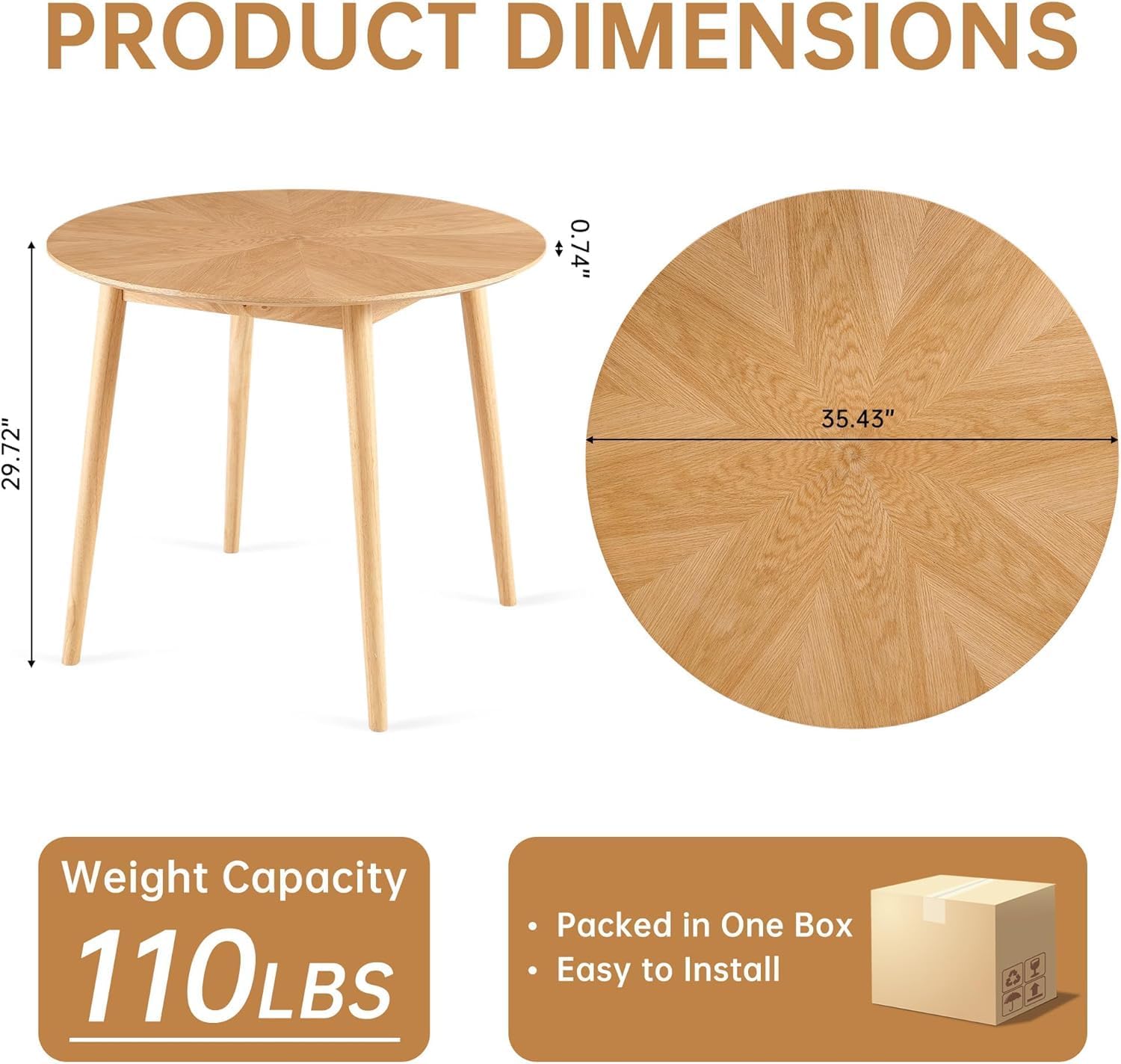 Round Dining Table for 2-4, Mid Century Modern 35 Inch Round Kitchen Table, Space Saving Small Dining Table with Oak Wood Veneer Tabletop and Solid Wood Legs for Dining Room, Living Room