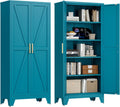 Washsemba 71'' Farmhouse Metal Storage Cabinet with Barn Doors,Steel File Cabinet for Home Office,Kitchen Pantry 4 Adjustable Shelves,Freestanding Cupboard for Kitchen,Home Office (Peacock Blue)