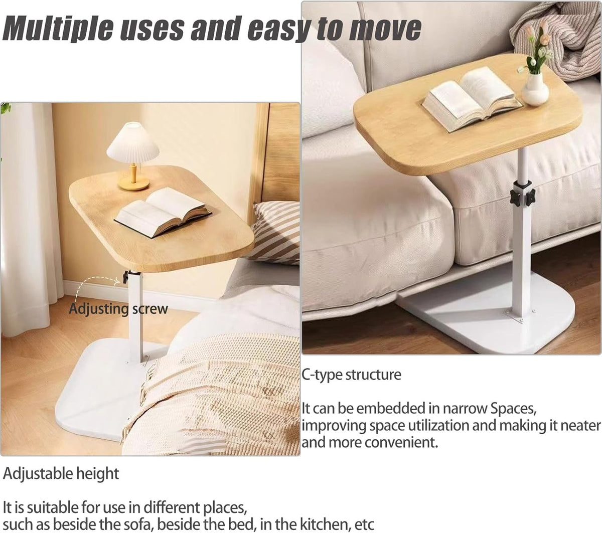 Pedestal Adjustable c Table for Small Spaces，C Shaped End Table Desktop can Turn 360° and the Height of the Sofa Small TV Tray Table Can be Adjusted for Couch