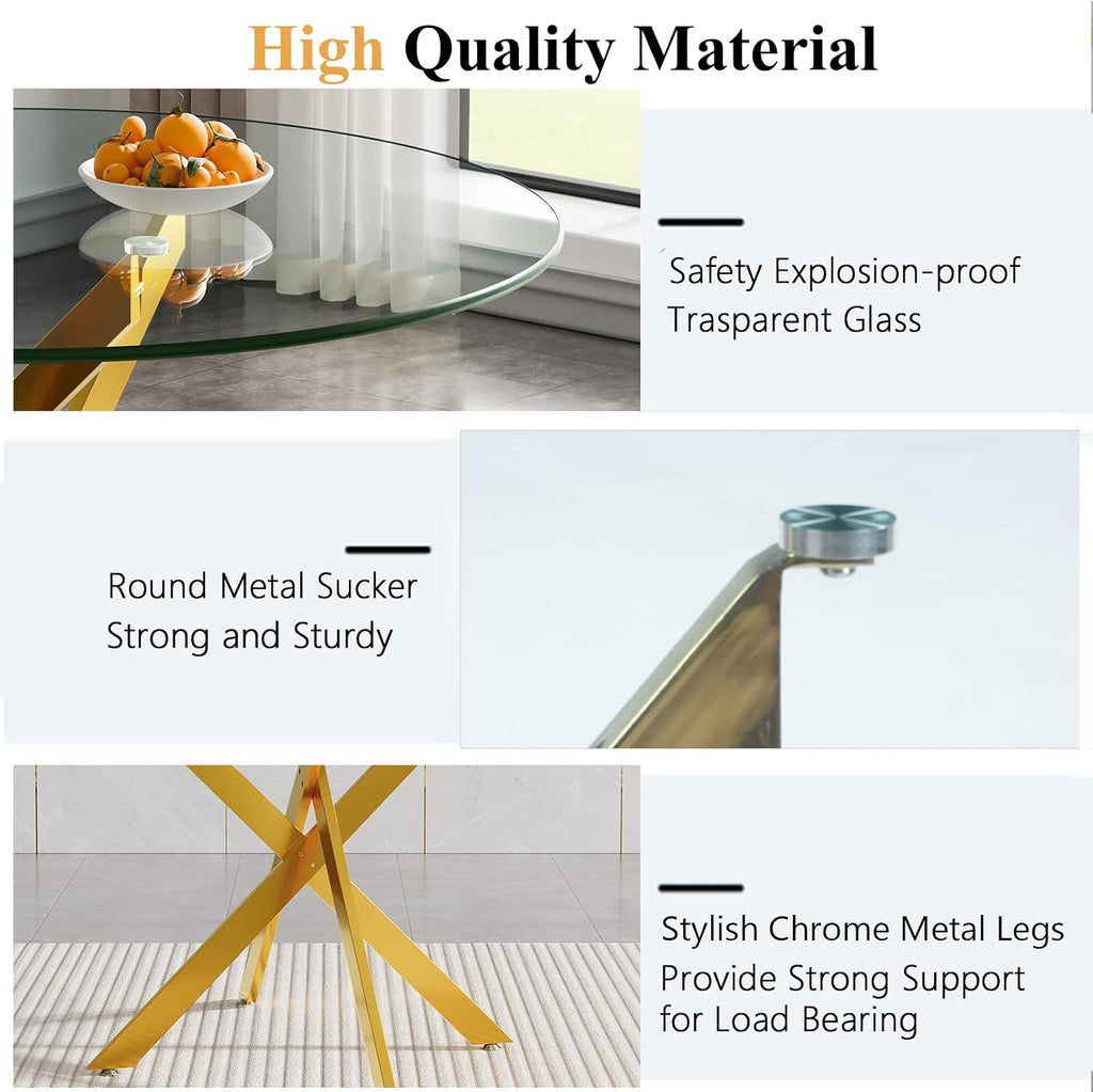 Glass Dining Room Table Set for 2, 47" Circle Glass Dining Table for 2 with Gold Metal Legs, Small Round Dining Table and Chairs Set of 2, 3 Piece Kitchen Table Set for Breakfast Dinette, Light Gray